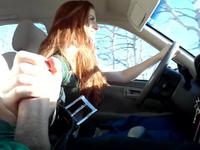 Redhead girl driving a handjob cock and blowjob
