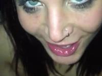Brunette with nose piercing gives blowjob