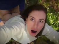 Fucking a young brunette in the forest