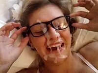 Cute blonde with glasses gets a load on her face