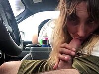 Bitch sucks and handjob cock in car