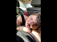Brunette sucks cock in car and gets spanked POV