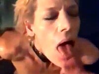 Watch her worship my cock until I give her a cum surprise.