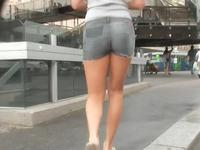 Blonde in hot girls denim shorts was easily spied on the camera hidden in mans cloths
